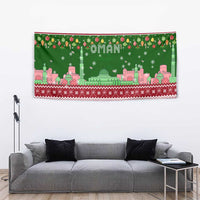 Oman Christmas Tapestry with Green-Red Pattern, Mosque and Fort Landmarks, and Festive Ornament Motif - Wonder Print Shop