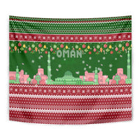 Oman Christmas Tapestry with Green-Red Pattern, Mosque and Fort Landmarks, and Festive Ornament Motif - Wonder Print Shop
