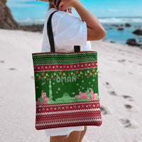 Oman Christmas Tote Bag with Green-Red Pattern, Mosque and Fort Landmarks, and Festive Ornament Motif - Wonder Print Shop