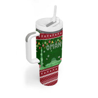 Oman Christmas Tumbler With Handle with Green-Red Pattern, Mosque and Fort Landmarks, and Festive Ornament Motif - Wonder Print Shop