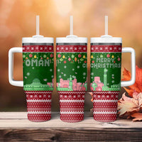 Oman Christmas Tumbler With Handle with Green-Red Pattern, Mosque and Fort Landmarks, and Festive Ornament Motif - Wonder Print Shop