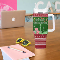 Oman Christmas Tumbler With Handle with Green-Red Pattern, Mosque and Fort Landmarks, and Festive Ornament Motif - Wonder Print Shop