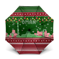 Oman Christmas Umbrella with Green-Red Pattern, Mosque and Fort Landmarks, and Festive Ornament Motif - Wonder Print Shop