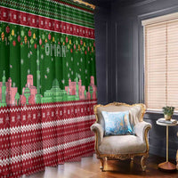 Oman Christmas Window Curtain with Green-Red Pattern, Mosque and Fort Landmarks, and Festive Ornament Motif - Wonder Print Shop