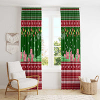 Oman Christmas Window Curtain with Green-Red Pattern, Mosque and Fort Landmarks, and Festive Ornament Motif - Wonder Print Shop