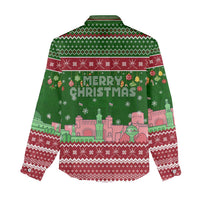 Oman Christmas Women Casual Shirt with Green-Red Pattern, Mosque and Fort Landmarks, and Festive Ornament Motif - Wonder Print Shop