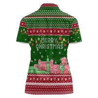 Oman Christmas Women Polo Shirt with Green-Red Pattern, Mosque and Fort Landmarks, and Festive Ornament Motif - Wonder Print Shop