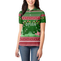 Oman Christmas Women Polo Shirt with Green-Red Pattern, Mosque and Fort Landmarks, and Festive Ornament Motif - Wonder Print Shop
