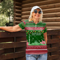 Oman Christmas Women Polo Shirt with Green-Red Pattern, Mosque and Fort Landmarks, and Festive Ornament Motif - Wonder Print Shop
