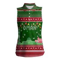 Oman Christmas Women Sleeveless Polo Shirt with Green-Red Pattern, Mosque and Fort Landmarks, and Festive Ornament Motif - Wonder Print Shop