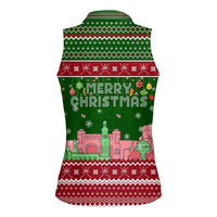 Oman Christmas Women Sleeveless Polo Shirt with Green-Red Pattern, Mosque and Fort Landmarks, and Festive Ornament Motif - Wonder Print Shop