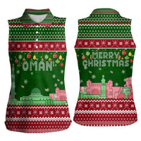 Oman Christmas Women Sleeveless Polo Shirt with Green-Red Pattern, Mosque and Fort Landmarks, and Festive Ornament Motif - Wonder Print Shop