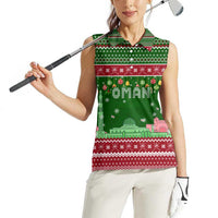 Oman Christmas Women Sleeveless Polo Shirt with Green-Red Pattern, Mosque and Fort Landmarks, and Festive Ornament Motif - Wonder Print Shop