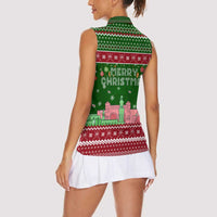 Oman Christmas Women Sleeveless Polo Shirt with Green-Red Pattern, Mosque and Fort Landmarks, and Festive Ornament Motif - Wonder Print Shop