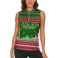 Oman Christmas Women Sleeveless Polo Shirt with Green-Red Pattern, Mosque and Fort Landmarks, and Festive Ornament Motif - Wonder Print Shop