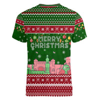 Oman Christmas Women V-Neck T-Shirt with Green-Red Pattern, Mosque and Fort Landmarks, and Festive Ornament Motif - Wonder Print Shop