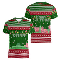 Oman Christmas Women V-Neck T-Shirt with Green-Red Pattern, Mosque and Fort Landmarks, and Festive Ornament Motif - Wonder Print Shop