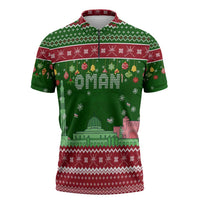 Oman Christmas Zipper Polo Shirt with Green-Red Pattern, Mosque and Fort Landmarks, and Festive Ornament Motif - Wonder Print Shop