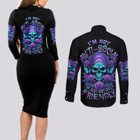 I'm Not Anti-social Mad Reaper Skull Couples Matching Long Sleeve Bodycon Dress and Long Sleeve Button Shirt - Wonder Print Shop