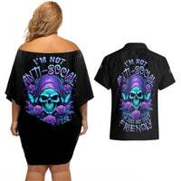 I'm Not Anti-social Mad Reaper Skull Couples Matching Off Shoulder Short Dress and Hawaiian Shirt - Wonder Print Shop