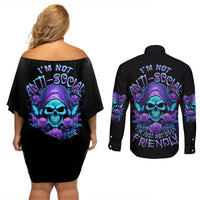 I'm Not Anti-social Mad Reaper Skull Couples Matching Off Shoulder Short Dress and Long Sleeve Button Shirt - Wonder Print Shop