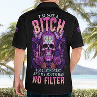 Black short-sleeve button-up Hawaiian shirt, back print of purple skull, roses, and No Filter