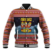 Funny Nutcracker Christmas Baseball Jacket with Crack Deez Nuts Quote and Holiday Pattern Design - Wonder Print Shop