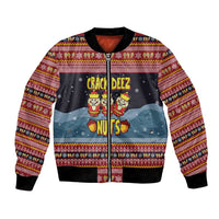 Funny Nutcracker Christmas Bomber Jacket with Crack Deez Nuts Quote and Holiday Pattern Design - Wonder Print Shop