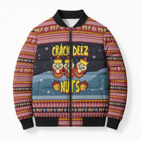 Funny Nutcracker Christmas Bomber Puffer Jacket with Crack Deez Nuts Quote and Holiday Pattern Design - Wonder Print Shop
