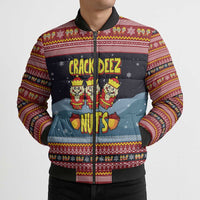 Funny Nutcracker Christmas Bomber Puffer Jacket with Crack Deez Nuts Quote and Holiday Pattern Design - Wonder Print Shop