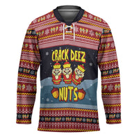 Funny Nutcracker Christmas Hockey Jersey with Crack Deez Nuts Quote and Holiday Pattern Design - Wonder Print Shop
