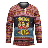 Funny Nutcracker Christmas Hockey Jersey with Crack Deez Nuts Quote and Holiday Pattern Design - Wonder Print Shop