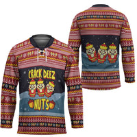 Funny Nutcracker Christmas Hockey Jersey with Crack Deez Nuts Quote and Holiday Pattern Design - Wonder Print Shop