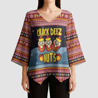 Funny Nutcracker Christmas Kimono Sleeve Blouse with Crack Deez Nuts Quote and Holiday Pattern Design - Wonder Print Shop
