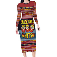 Funny Nutcracker Christmas Long Sleeve Bodycon Dress with Crack Deez Nuts Quote and Holiday Pattern Design - Wonder Print Shop