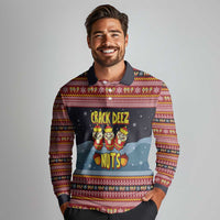 Funny Nutcracker Christmas Long Sleeve Polo Shirt with Crack Deez Nuts Quote and Holiday Pattern Design - Wonder Print Shop
