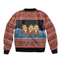 Funny Nutcracker Christmas Sleeve Zip Bomber Jacket with Crack Deez Nuts Quote and Holiday Pattern Design - Wonder Print Shop
