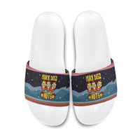 Funny Nutcracker Christmas Slide Sandals with Crack Deez Nuts Quote and Holiday Pattern Design - Wonder Print Shop