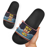 Funny Nutcracker Christmas Slide Sandals with Crack Deez Nuts Quote and Holiday Pattern Design - Wonder Print Shop
