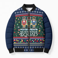 Nutcracker Squad Christmas Bomber Puffer Jacket with Candy Cane and Snowflake Holiday Design - Wonder Print Shop