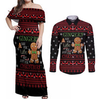 Funny Gingerbread Christmas Couples Matching Off Shoulder Maxi Dress and Long Sleeve Button Shirt Hoodie with Gingers Are for Life Quote and Snowflake Pattern - Wonder Print Shop