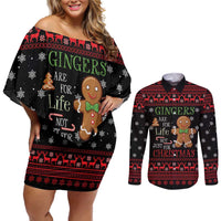 Funny Gingerbread Christmas Couples Matching Off Shoulder Short Dress and Long Sleeve Button Shirt Hoodie with Gingers Are for Life Quote and Snowflake Pattern - Wonder Print Shop