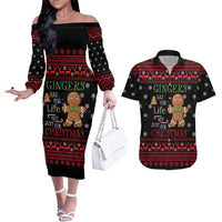 Funny Gingerbread Christmas Couples Matching Off The Shoulder Long Sleeve Dress and Hawaiian Shirt Hoodie with Gingers Are for Life Quote and Snowflake Pattern - Wonder Print Shop