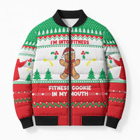 Funny Fitness Cookie Christmas Bomber Puffer Jacket with Gingerbread Design and Holiday Pattern - Wonder Print Shop