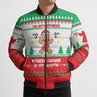 Funny Fitness Cookie Christmas Bomber Puffer Jacket with Gingerbread Design and Holiday Pattern - Wonder Print Shop