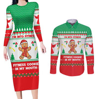 Funny Fitness Cookie Christmas Couples Matching Long Sleeve Bodycon Dress and Long Sleeve Button Shirt with Gingerbread Design and Holiday Pattern - Wonder Print Shop