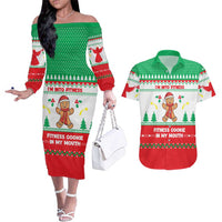 Funny Fitness Cookie Christmas Couples Matching Off The Shoulder Long Sleeve Dress and Hawaiian Shirt with Gingerbread Design and Holiday Pattern - Wonder Print Shop