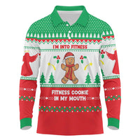 Funny Fitness Cookie Christmas Long Sleeve Polo Shirt with Gingerbread Design and Holiday Pattern - Wonder Print Shop