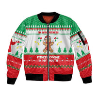 Funny Fitness Cookie Christmas Sleeve Zip Bomber Jacket with Gingerbread Design and Holiday Pattern - Wonder Print Shop