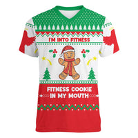 Funny Fitness Cookie Christmas Women V-Neck T-Shirt with Gingerbread Design and Holiday Pattern - Wonder Print Shop